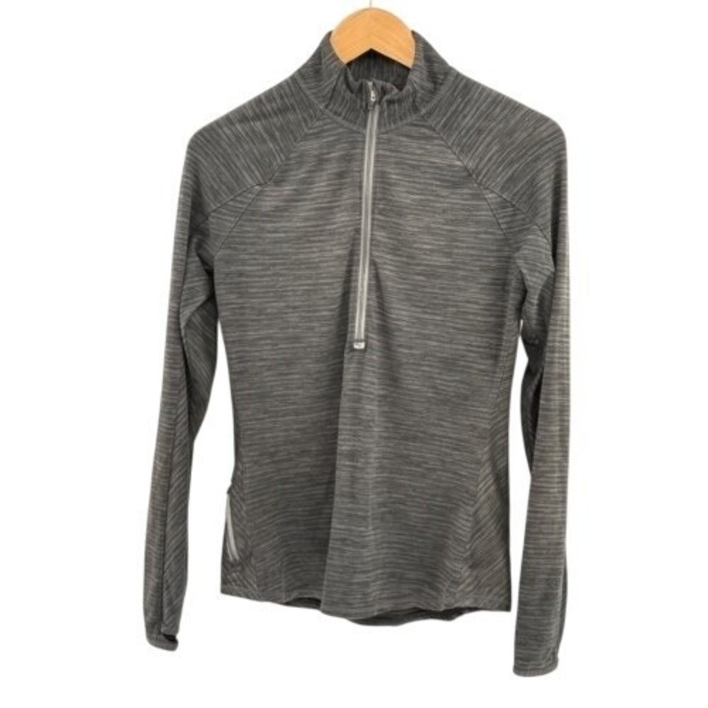 Athleta Top Running Wild 1/2 Zip Women Medium Gray Stripe Long Sleeve Workout